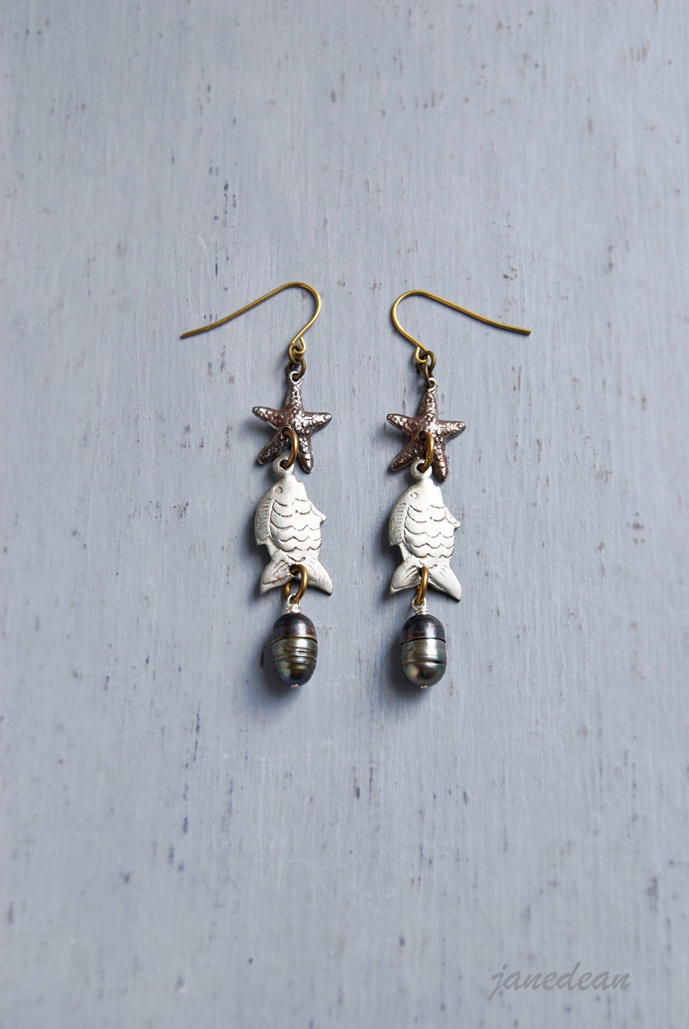 Rustic Fish Earrings - with iridescent pearls