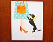 Dachshund art print, dog art, retro, fashion art, whimsical art, nursery art print, turquoise and orange 8x10