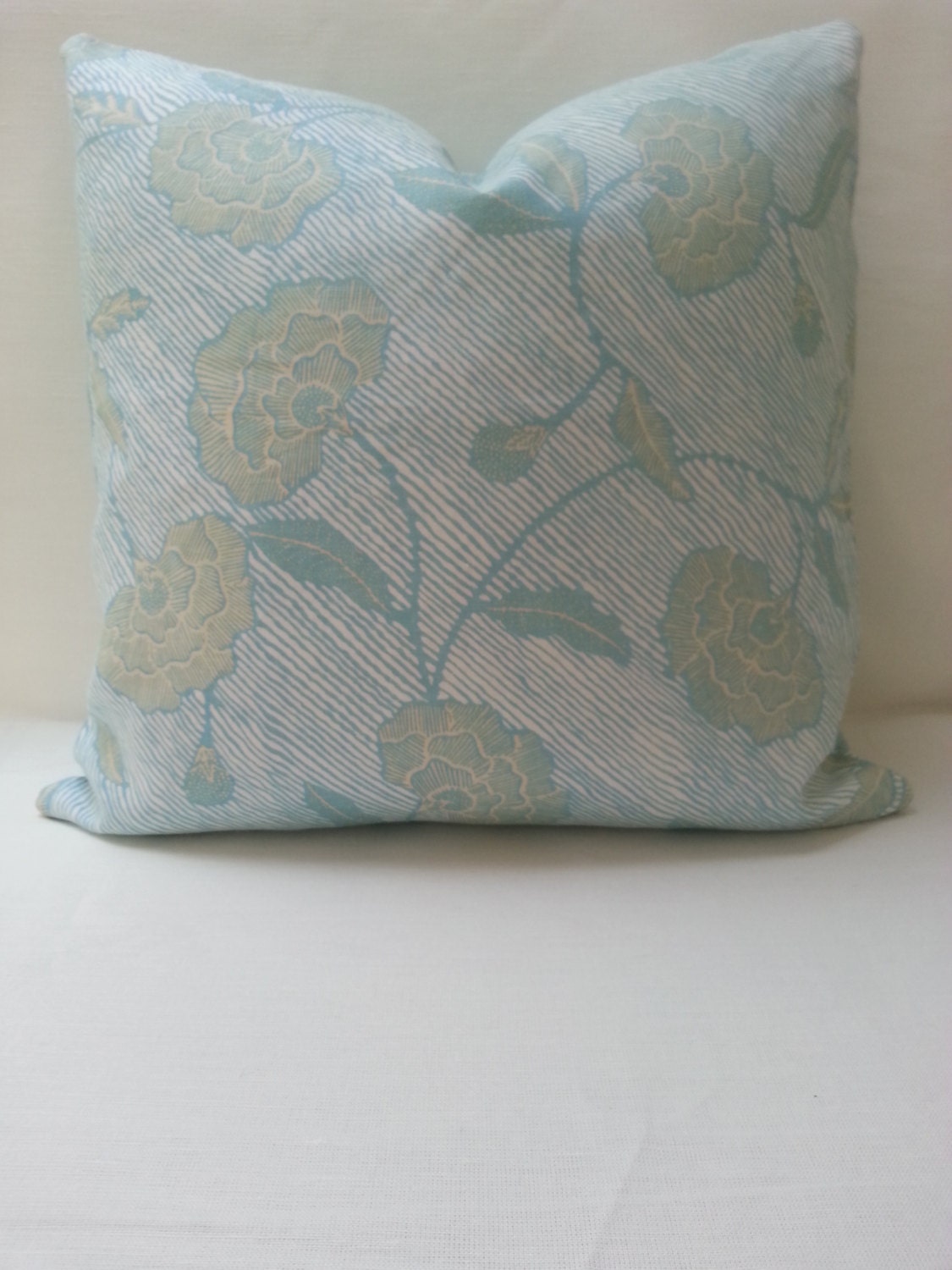 22" Quadrille Flores II, Balinese Floral China Seas Linen Pillow Cover in New Blue Cream on White Colorway Cushion