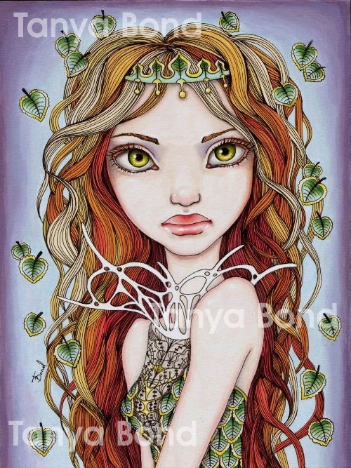 Dryad - tree fairy in an haute couture nature inspired dress - surreal pop fantasy art - 5x7 print of an original painting by Tanya Bond