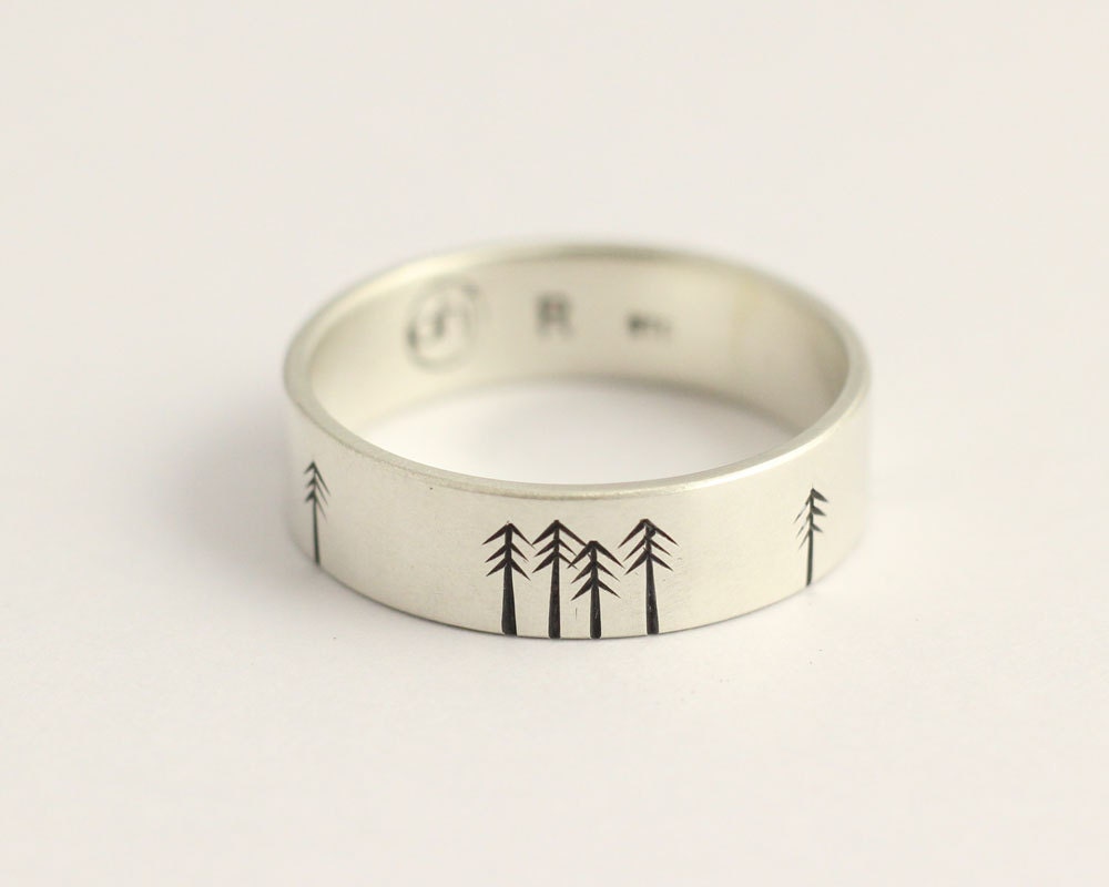 Wedding Band or Engagement Ring with Pine Trees Matte White Gold