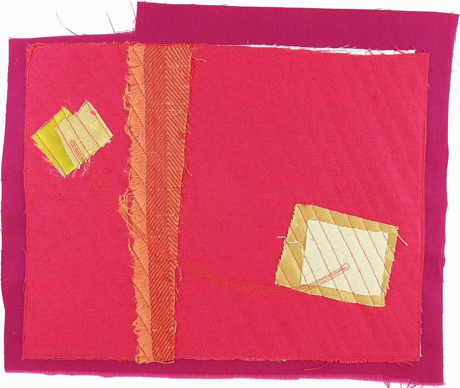1.14.2013 small art quilt, contemporary, abstract, textile drawing, haiku, love letters, bright pink, fuchsia, cream, beige, citron, peach
