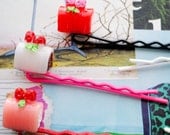 strawberry topped cake roll bobby pins. cute kawaii hair accessories.