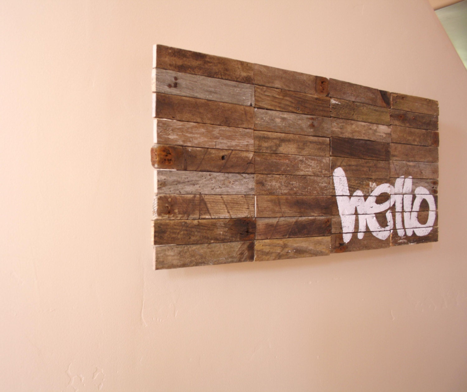 LARGE - Hello Sign - Modern Industrial Greeting Sign - Reclaimed Driftwood Artwork - industrial signage - typography
