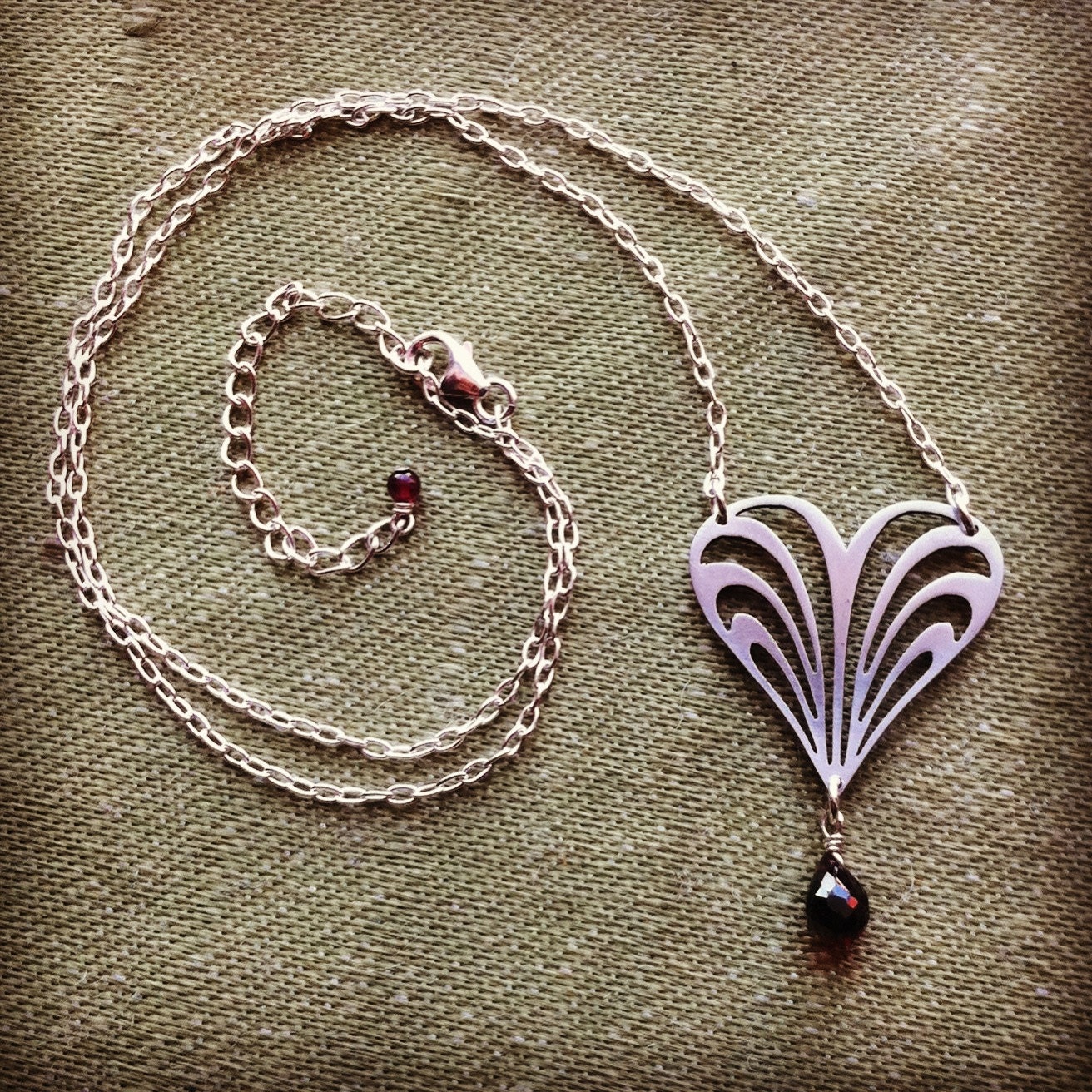 Heart Nouveau Necklace - Mother's Day- Go Red for Women - Stainless Steel and Garnet