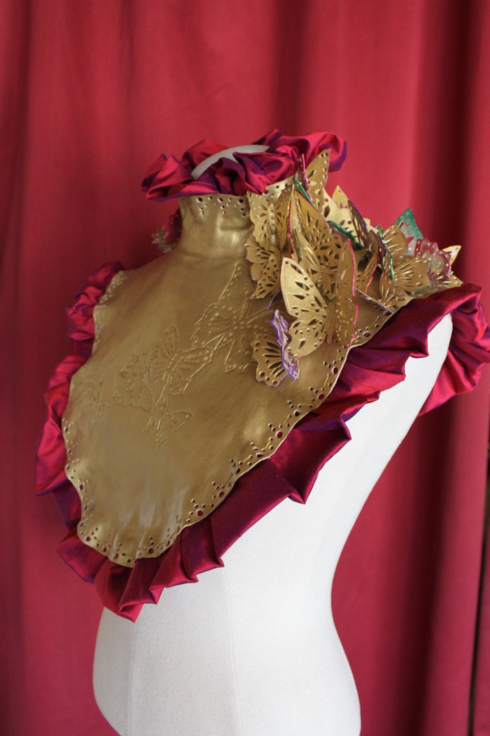 Awakening of spirit  - Gold Leather Butterfly Chest Plate with Pink Silk Ruffles