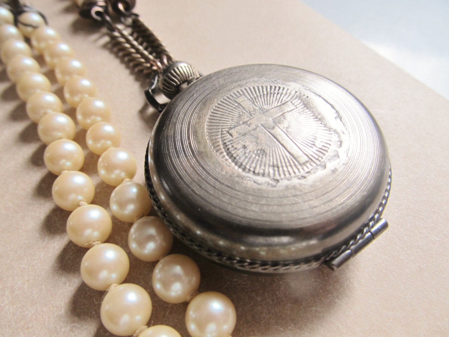 SALE Statement Necklace Long Opera Necklace Catholic Cross Necklace Religious Relic DanielleRoseBean Assemblage Necklace Pearl Necklace