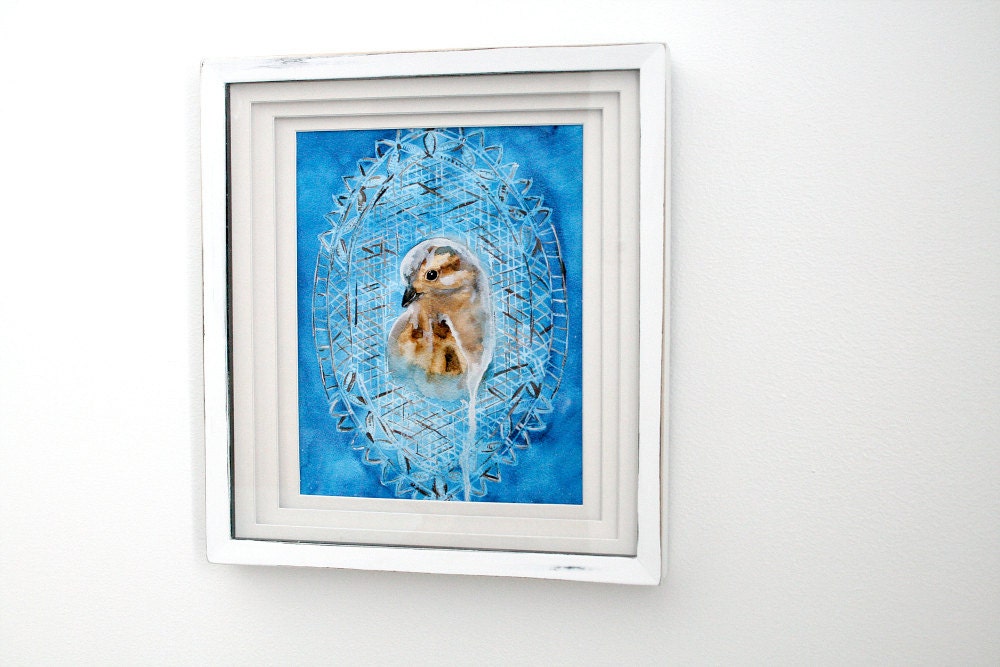 Bird Painting - original watercolor art - monaco blue, brown, white