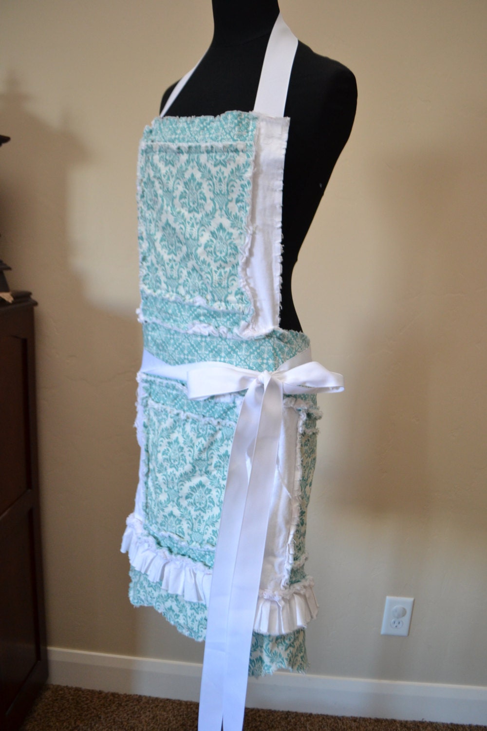 RAG APRON, Full Bib, Women, White Turquoise Blue, Modern Damask Ready to Ship