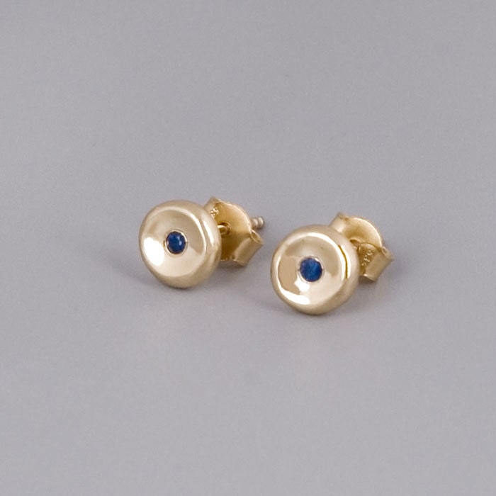 Blue Sapphire Gold Studs Earrings - Pebbles - Solid 14k Gold Earrings