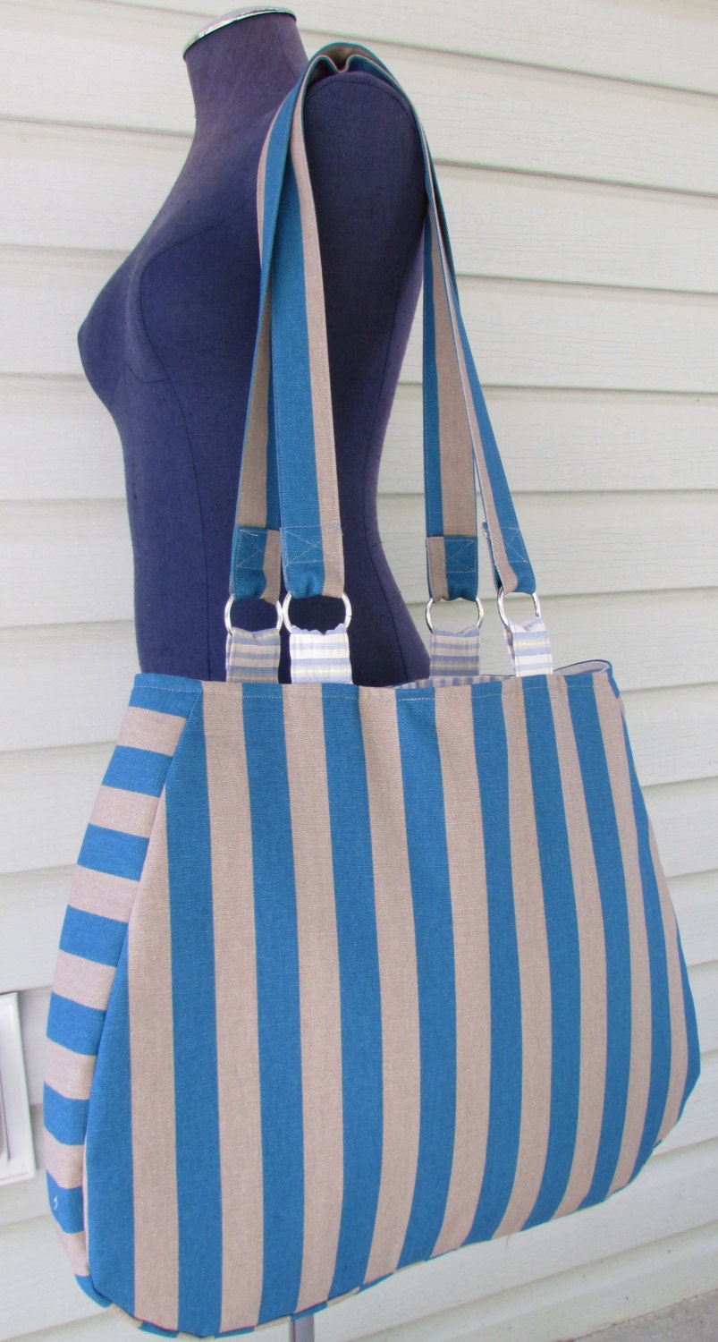 Bag Canvas Large striped Blue and Taupe Shoulder bag Tote