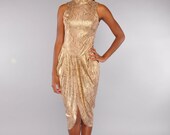 Vintage Backless Dress // Gold Metallic Snakeskin // Draped Tulip Skirt // M