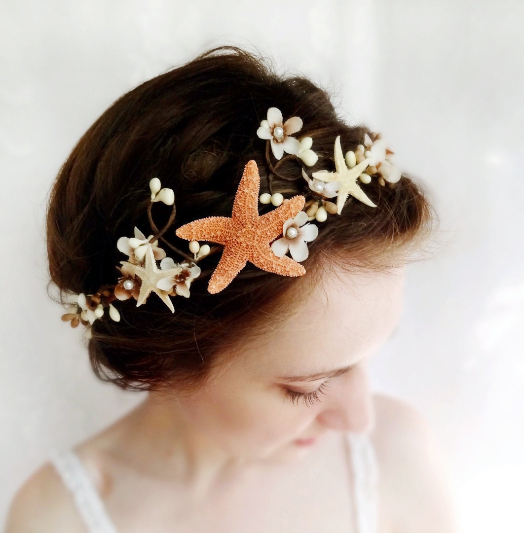 seashell headpiece, bridal headband, beach wedding, starfish head piece, hair accessory - SEA MAIDEN - cream flower, tan, hair accessories