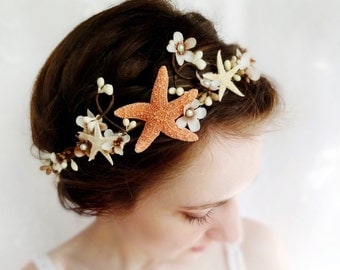seashell headpiece, bridal headband, beach wedding, starfish head piece, hair accessory - SEA MAIDEN - cream flower, tan, hair accessories