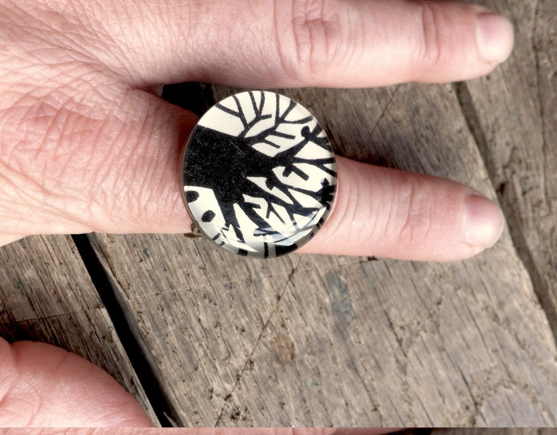 branch out: repurposed vintage tree illustration adjustable antiqued brass filigree ring