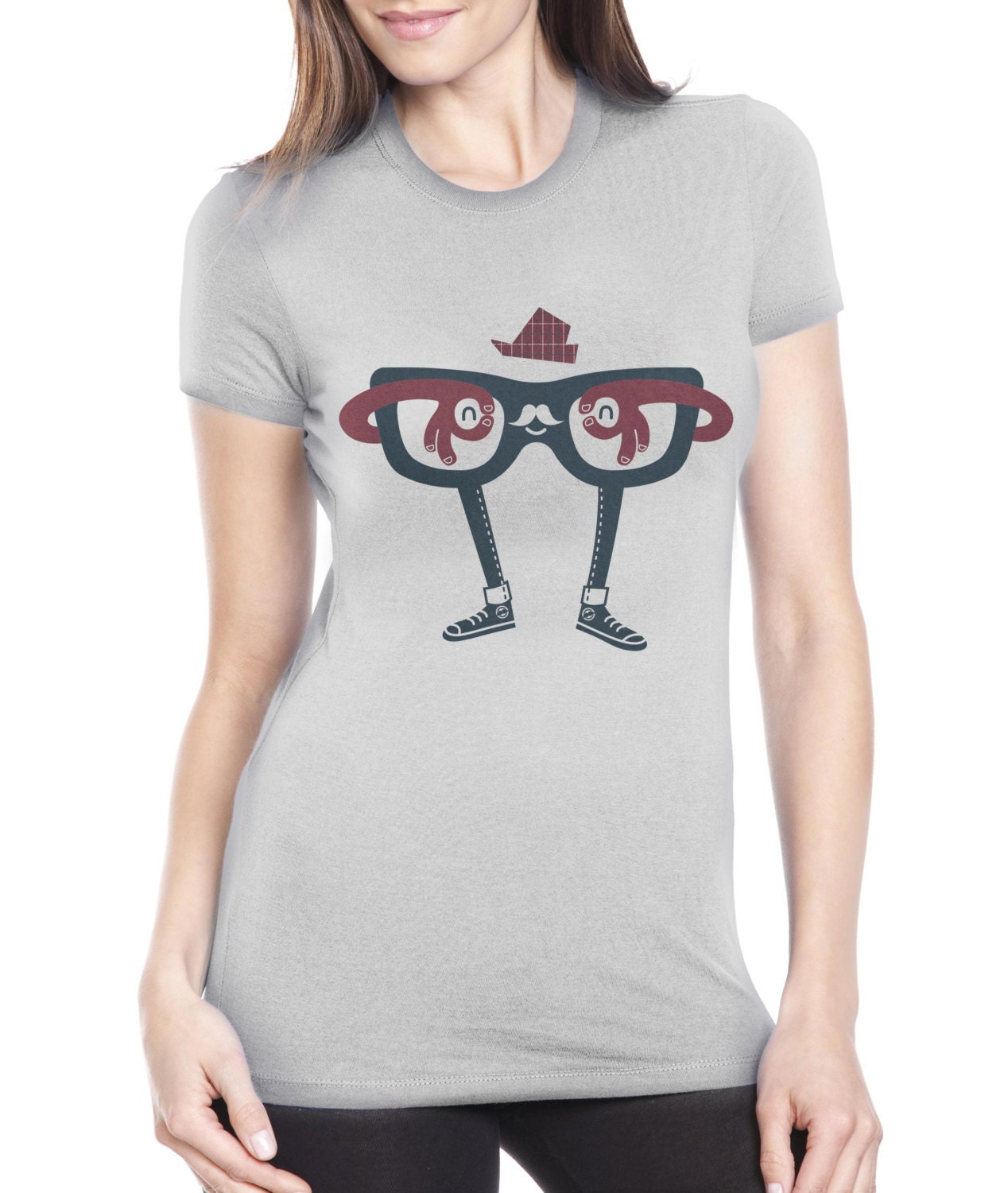 Womems Hipster Glasses TShirt, Mustache Shirt, Fedora, Converse, Silver, American Apparel, S M L XL