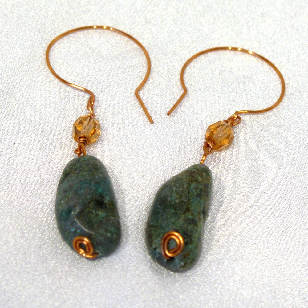 Turquoise and Peach Crystal Hand Forged Copper Wire Earrings - E82
