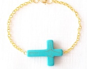 Turquoise Magnesite Gold Chain Minimalist Bracelet - Cross
