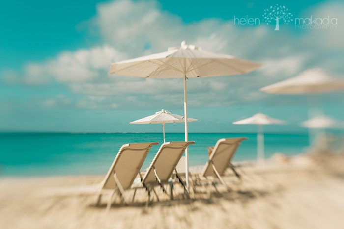 Fine Art Abstract Photograph. Beach Umbrellas and Chairs. Blue Green Ocean Water. Clouds. Teal Green Blue Sky. Home Decor 8x12 Print