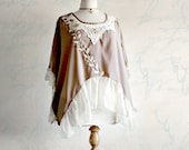 Shabby Chic Taupe Brown Blouse Cream Lace Eco Clothing Women's Poncho Top Bohemian Clothing Ladies Shirt XL 1X 'KELLIE'