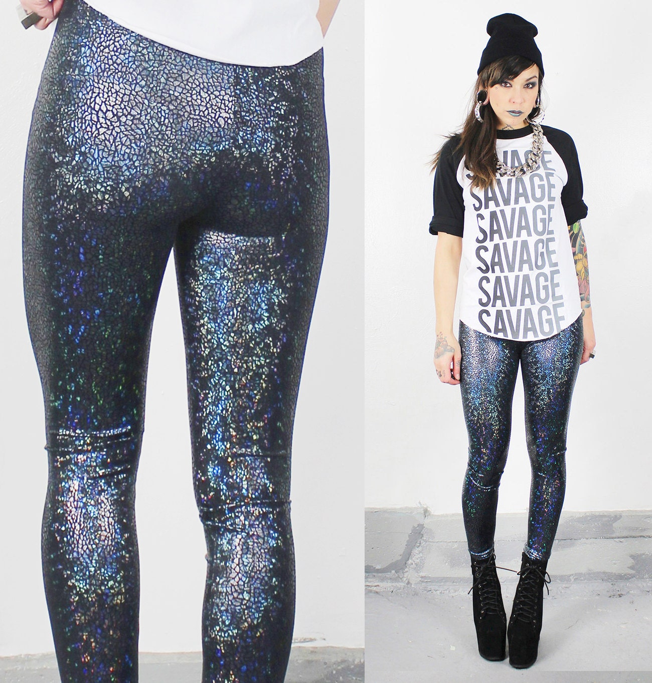 Rainbow Hologram Shattered Glass on Black Leggings -  MADE To ORDER