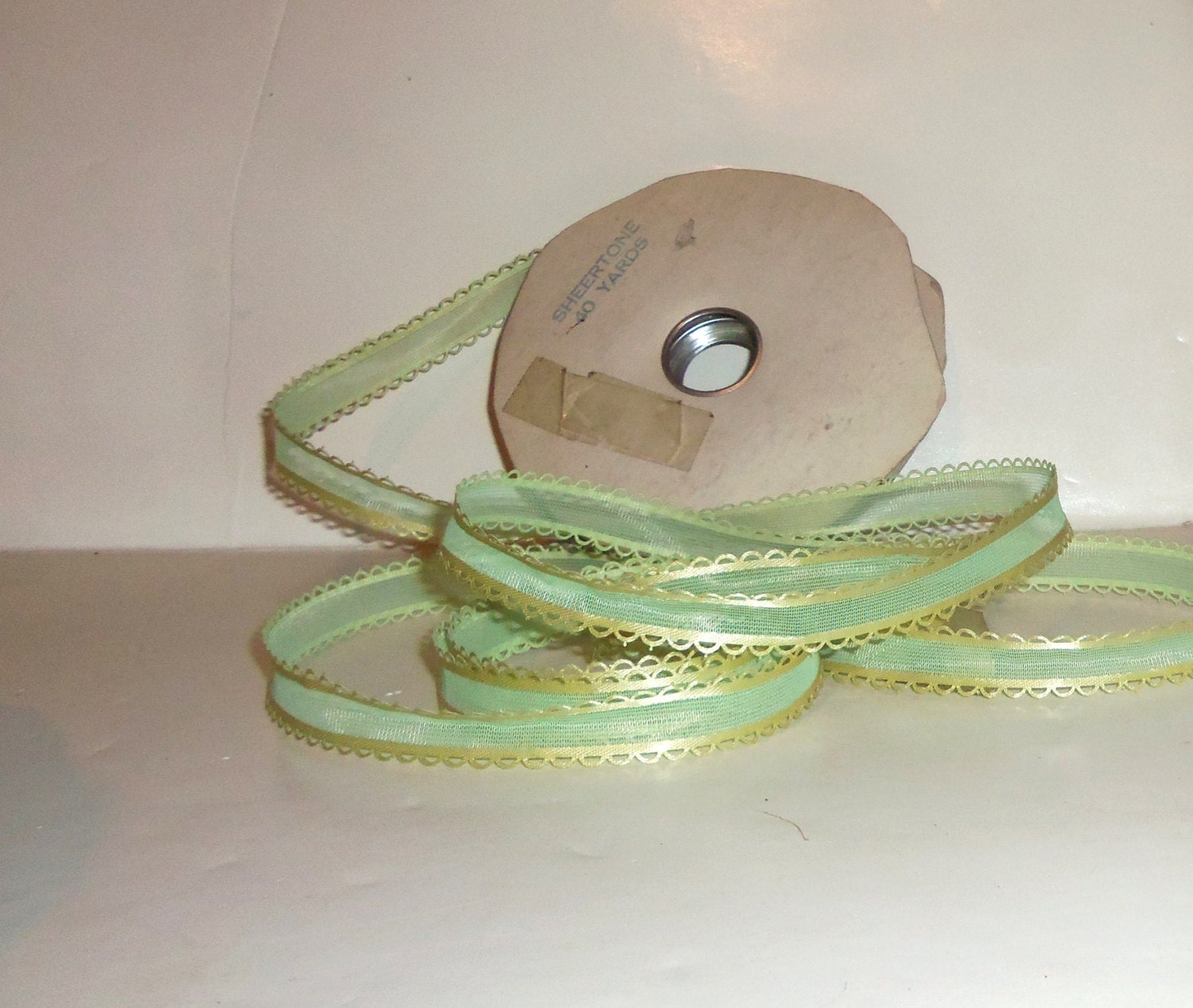 Vintage Ribbon Mint Green Organza w/ Yellow Satin Lace Edge  Sheertone 10 yards 5/8" wide