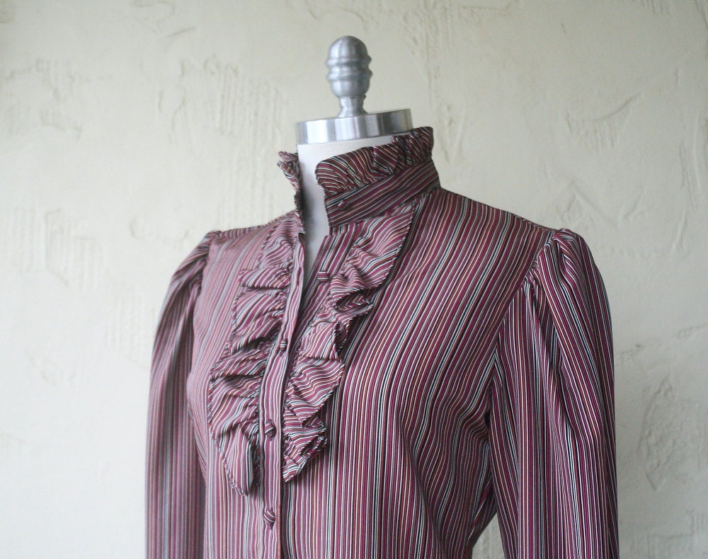 1980s striped ruffle secretary blouse / magenta, red, white, black, tan / size medium 9 10