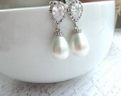 A Rhodium Plated Cubic Zirconia Ear Post, Soft White Shell Pearls Tear Drop Earrings. Bridesmaids Gift, Bride Bridal Wedding. Maid of Honor.