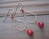 Genuine Ruby Earrings- Gold Filled, Harp Design, Hammered Wire