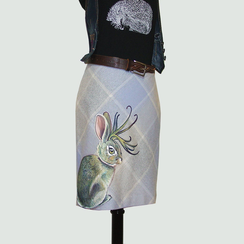 NEW Green Jackalope skirt - handpainted by NYhop, ooak, pastel plaid cream and blue knee length pencil - upcycled, wool, size 2P, XS