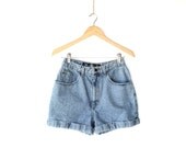 Vintage 80s High Waist Jean Shorts - Blue Denim Shorts with Rolled Cuff - M