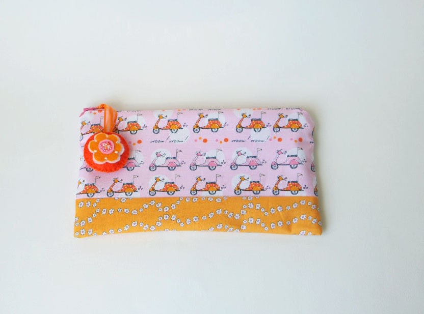 Zipper Pouch, Cosmetic Bag, or Pencil Case - Scooters in a Row in Pink and Orange with Handmade Felt Floral Zipper Pull