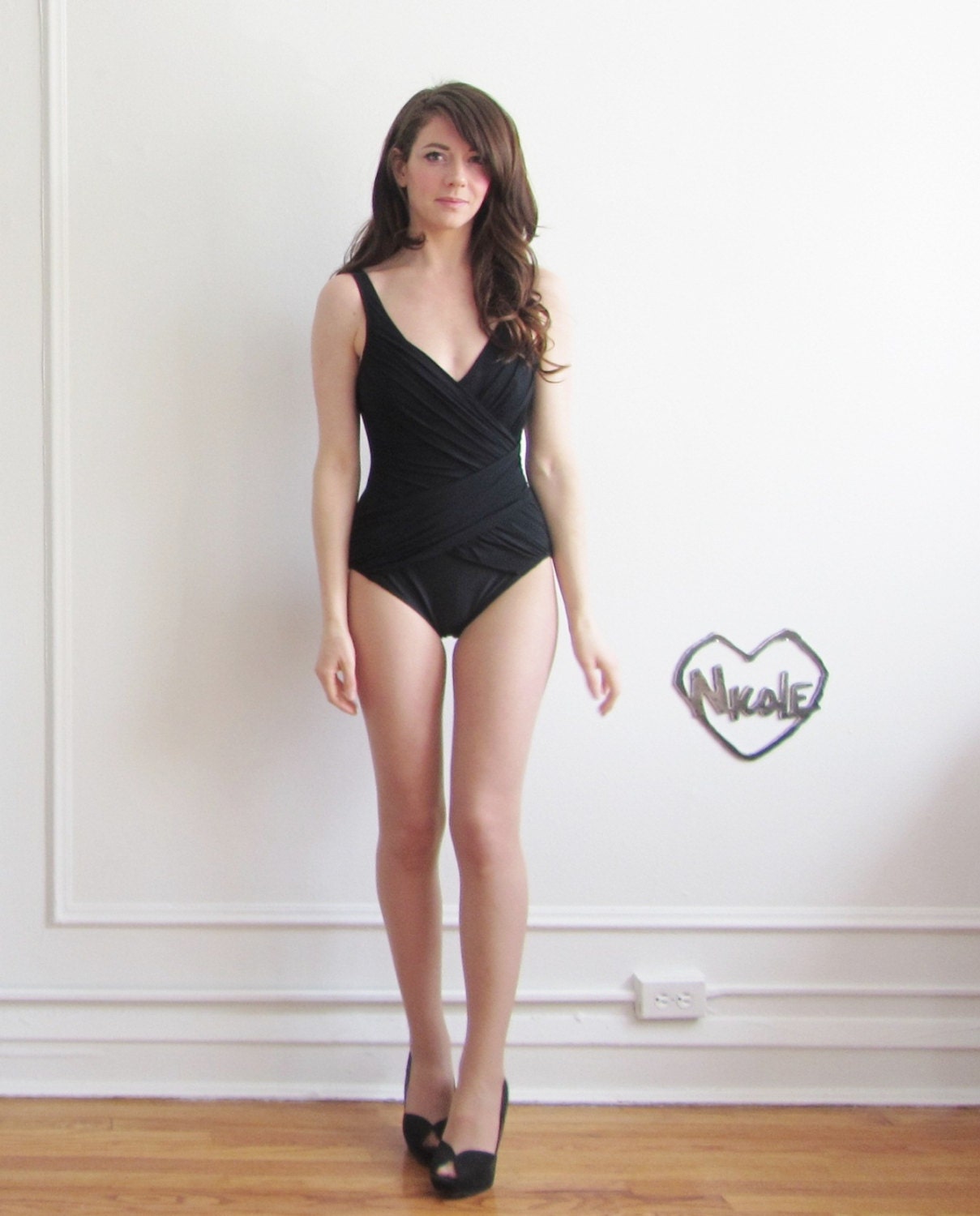 draped miracle swimsuit . black bombshell maillot .extra small.small.medium.xs .sale