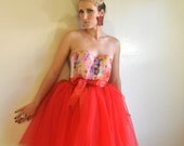 2 pc Red Floral Bustier/Corset Sweetheart Dress Tulle Tutu Skirt Knee Length Custom Size Made to Measure