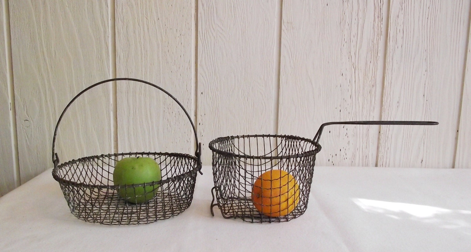 Set of Two Old Vintage Wire Farmhouse Baskets