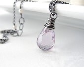 Pink Amethyst Pendant Necklace in Oxidized Sterling Silver, Wire Wrapped Briolette Gemstone, Jewelry Gift Idea