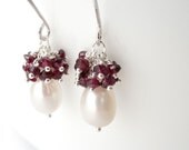 Garnet and Pearl Earrings in Sterling Silver, Red Gemstone Cluster Earrings, January June Birthstone