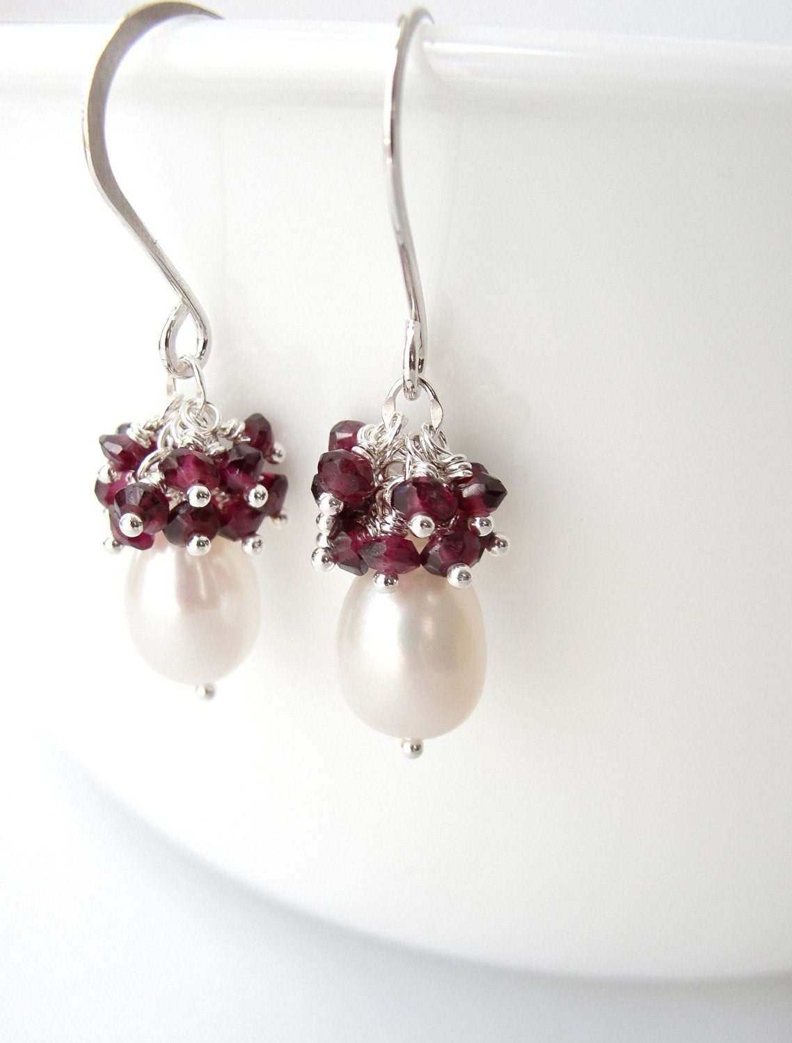 Garnet and Pearl Earrings in Sterling Silver, Red Gemstone Cluster Earrings, January June Birthstone