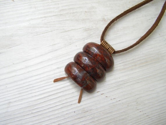 Jasper pendant, Zen style, three stones, on suede cord, with copper findings, all natural materials made in Israel