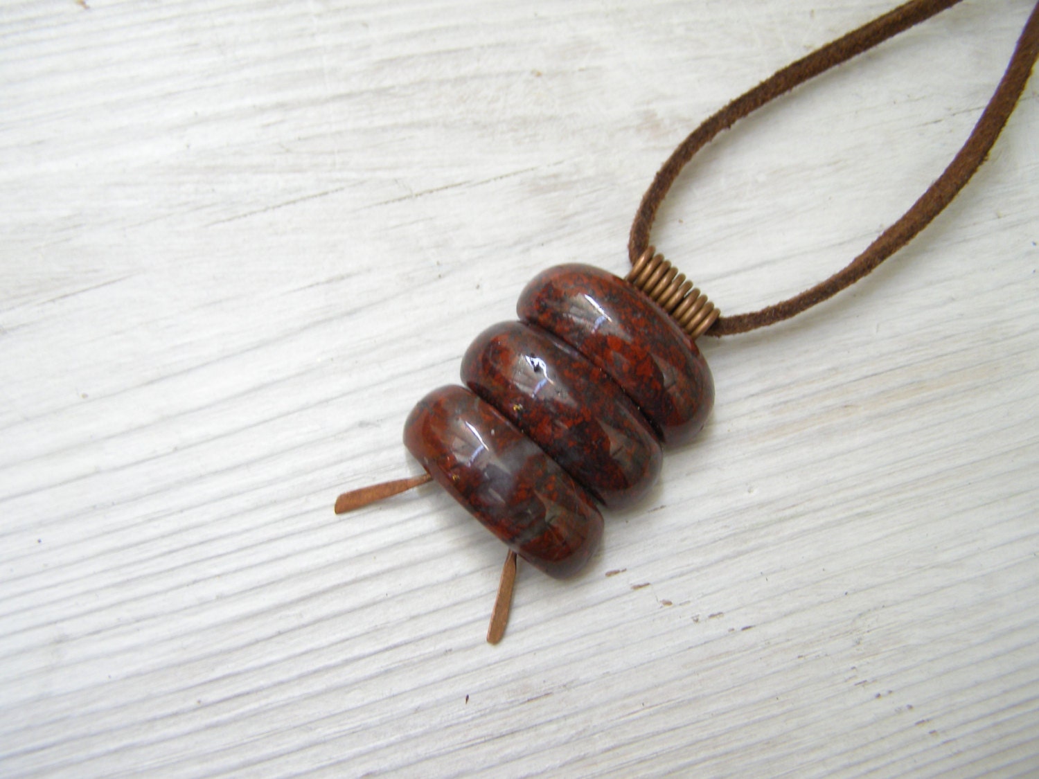 Jasper pendant, Zen style, three stones, on suede cord, with copper findings, all natural materials made in Israel