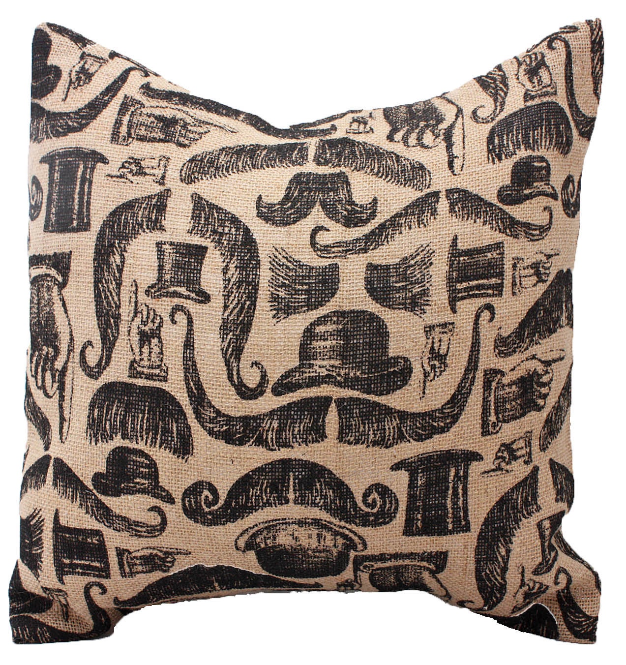 Free U.S. Shipping - Black and Natural Burlap Mustache Pillow Cover, Decorative Throw Pillow, Father's Day, Men, Boys - ONE 16x16 inch