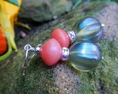 Summer Melon Shine Earrings -- Shimmering Czech Glass w Aurora Borealis Rhinestone Rings, Vintage Lucite & Artist-Made Sterling Ear Wires