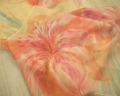 Stargazer Lilies hand painted silk scarf in shades of pink, orange, ivory, soft mint green