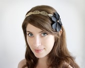 Black Flower Headband, black and gold headpiece, with gold arabesque motif in leather and ivory pearl bead