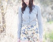 High waisted shorts - sunshine yellow linen with floral print, vintage inspired for summer country picnics - small minxshop