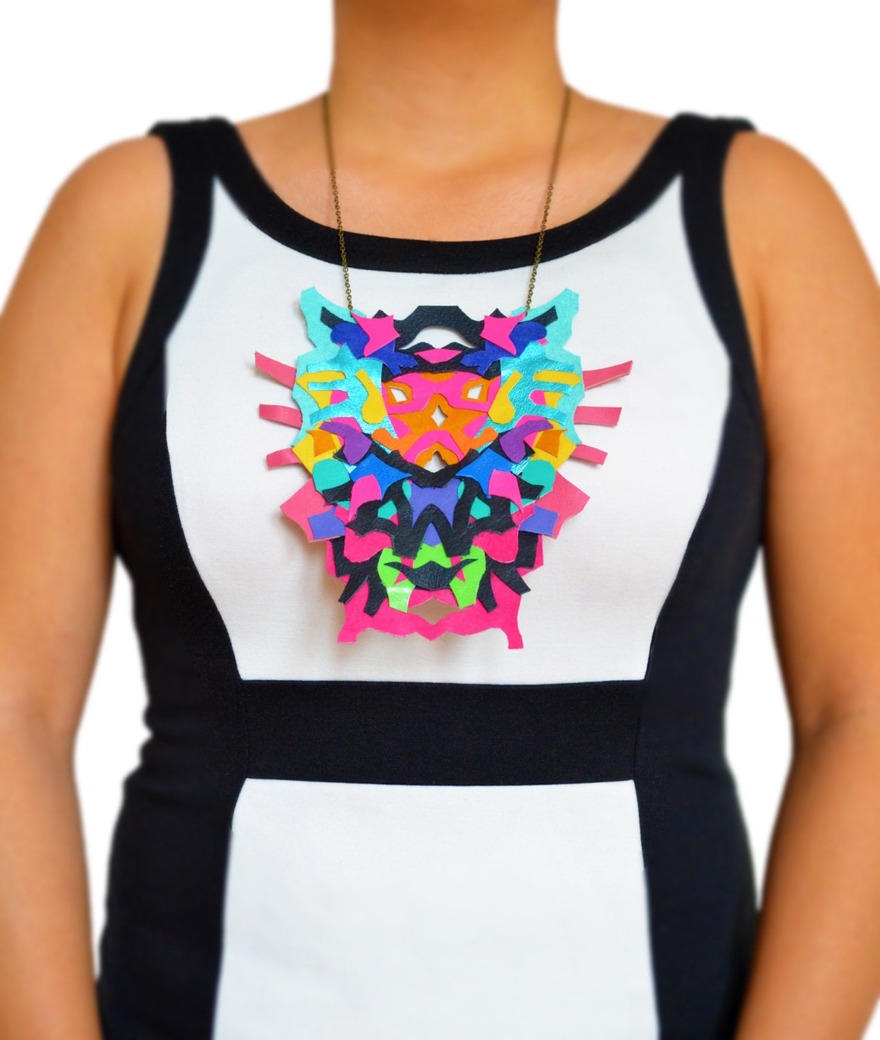 Neon Statement Necklace Leather Color Block Geometric Ink Blot Leather Statement Jewelry