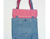 Denim Shoulder Bag Purse, Red Floral Lining, Denim Tote Bookbag, Eco Friendly Beach Bag - Blue Denim, Red and White Floral Lining