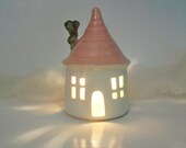 Fairy House/ Night Light - with a  Pink  Roof