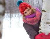 Red Turquoise Yellow Hat Pom Pom Warm Beanie Wool Recycled Hand Dyed Rabbit Fur Chunky Knit Accessories Snow Ski