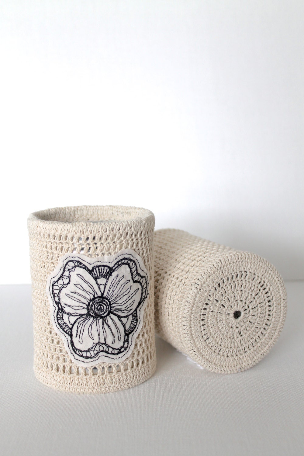 Wedding Decor Pencil Holder Up-cycled Office Organizer Handmade Crochet Free Motion Machine Embroidery Organic Black Cream White